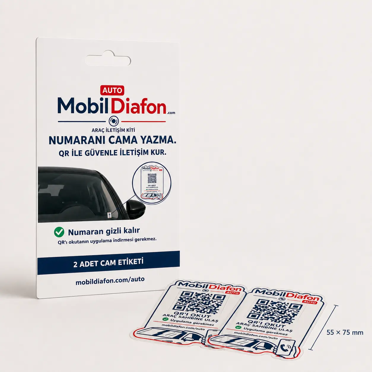MobilDiafon Auto QR etiketi ve kutu içeriği